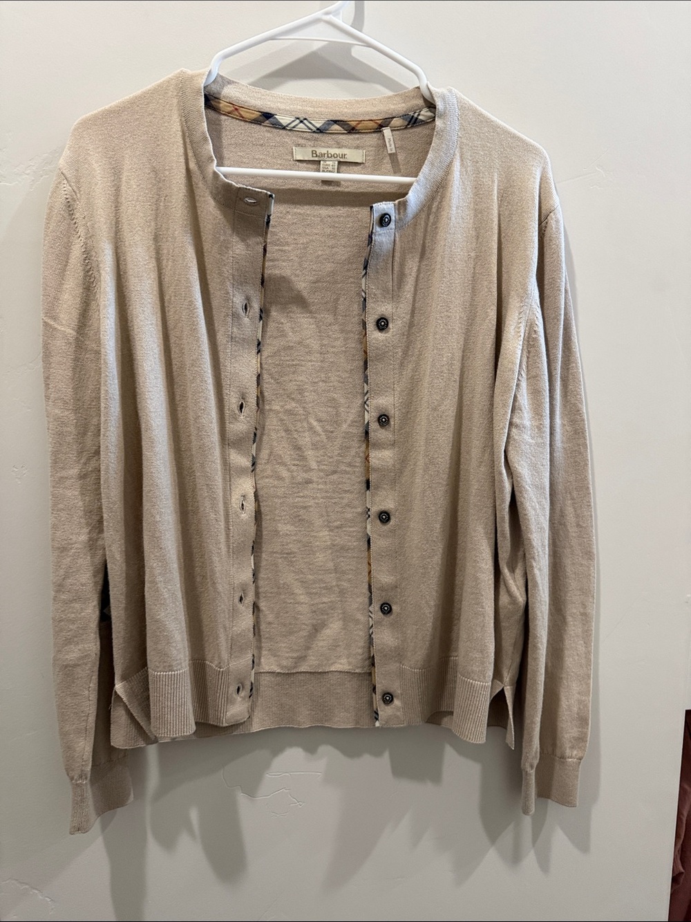 Barbour Beige Button-Up Knit Cardigan with Plaid Trim